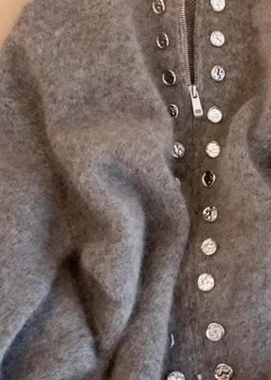 Beautiful Grey High Neck Zip Up Woolen Knit Cardigans Spring TN025