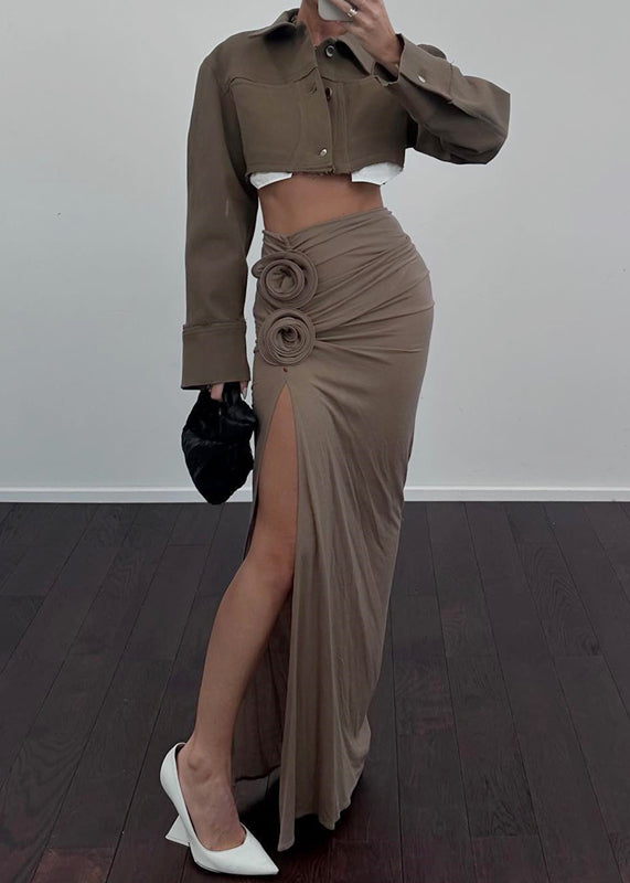 Beautiful Khaki Floral Side Open Wraped Skirts Spring YP039