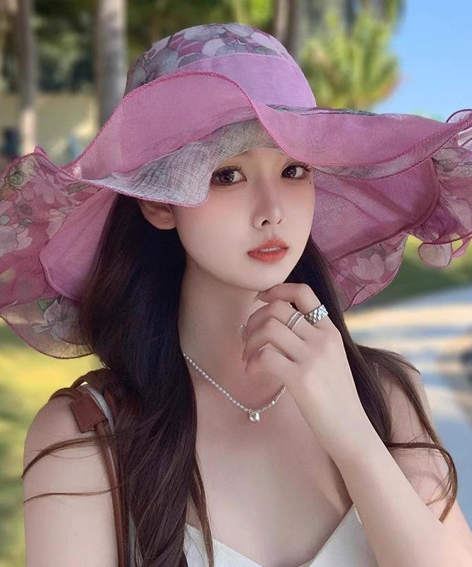 Light Print Beautiful Hat Sun Floppy Pink Ruffled
