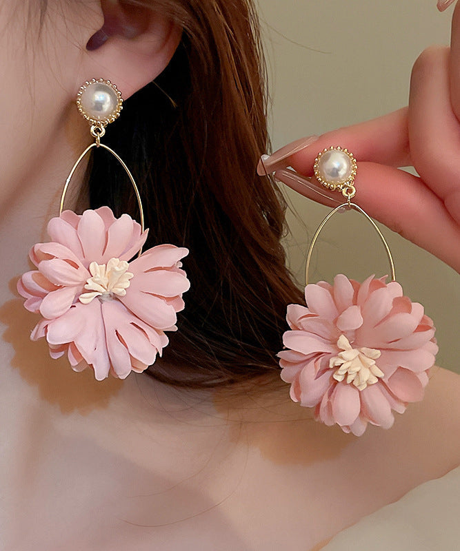 Beautiful Pink Alloy Pearl Cloth Chrysanthemum Drop Earrings II011