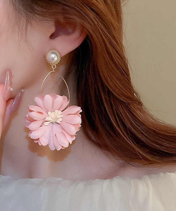 Beautiful Pink Alloy Pearl Cloth Chrysanthemum Drop Earrings II011