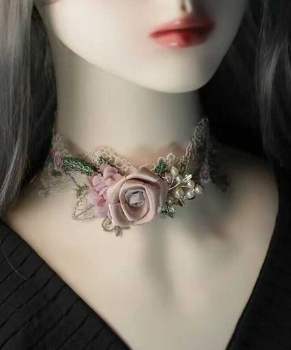 Beautiful Pink Alloy Pearl Lace Floral Necklace YA010