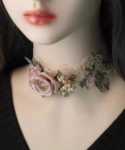 Beautiful Pink Alloy Pearl Lace Floral Necklace YA010