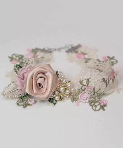 Beautiful Pink Alloy Pearl Lace Floral Necklace YA010