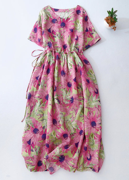 Beautiful Summer Vacation Print Cinched Dresses Pink Linen
