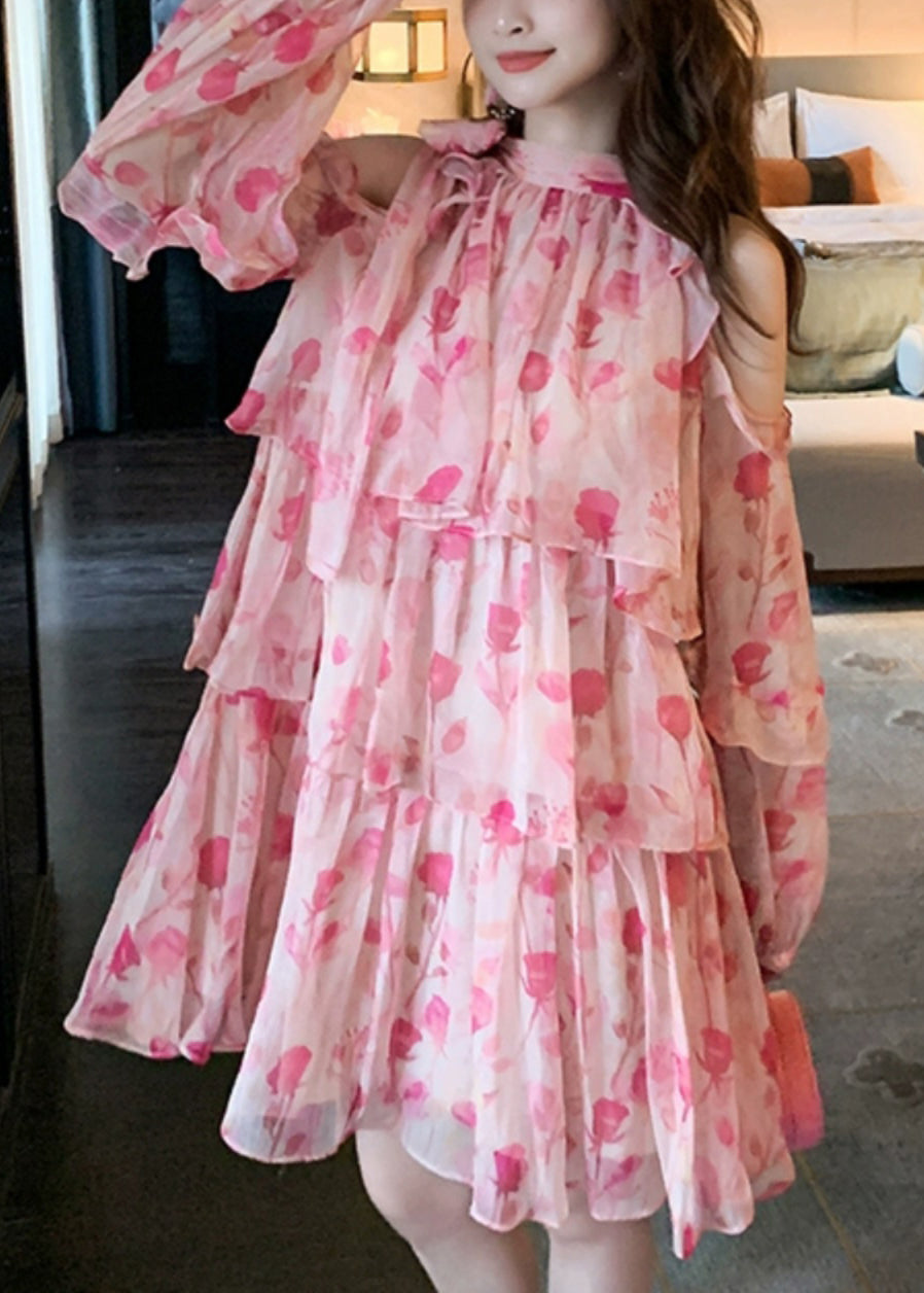 Chiffon Beautiful Cold Mid Dress Pink Print Summer Shoulder