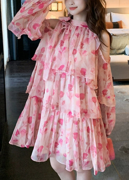 Chiffon Beautiful Cold Mid Dress Pink Print Summer Shoulder
