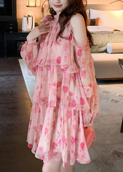 Chiffon Beautiful Cold Mid Dress Pink Print Summer Shoulder
