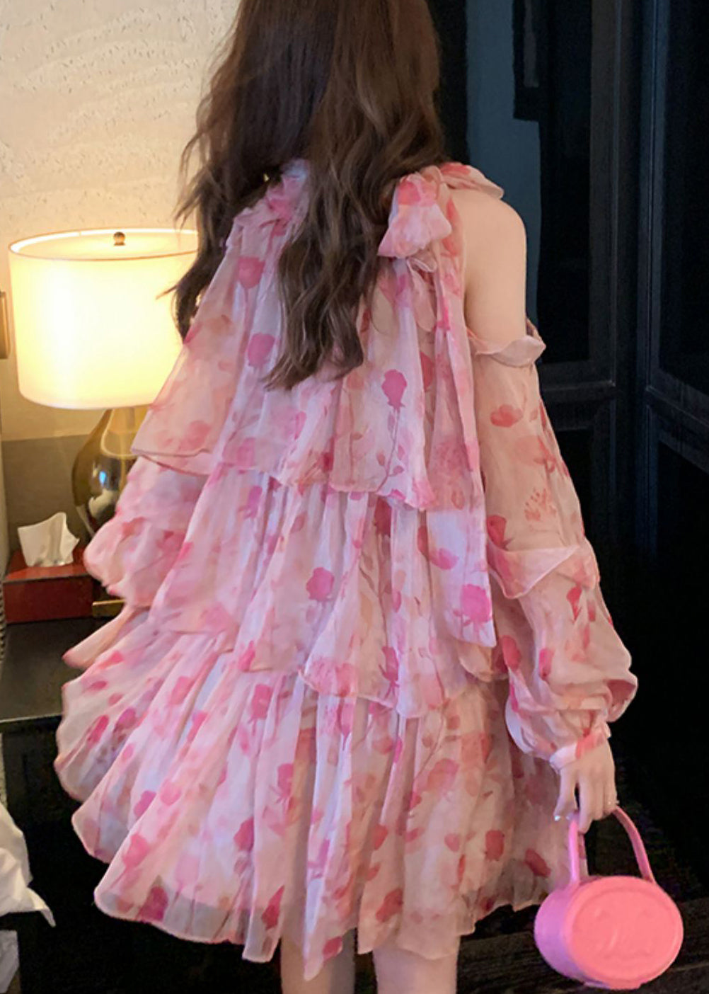 Chiffon Beautiful Cold Mid Dress Pink Print Summer Shoulder