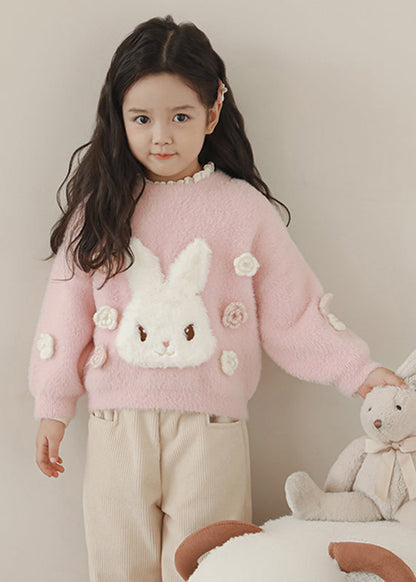 Beautiful Pink Embroideried Warm Fleece Patch Cotton Knit Kids Sweate Spring TP047