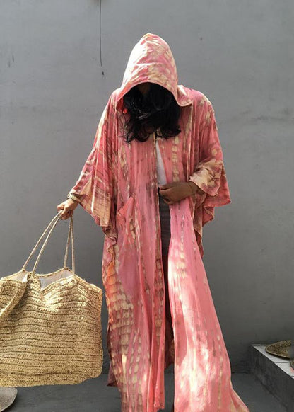 Pink Hooded Beautiful Cardigan Loose Print Cotton Summer