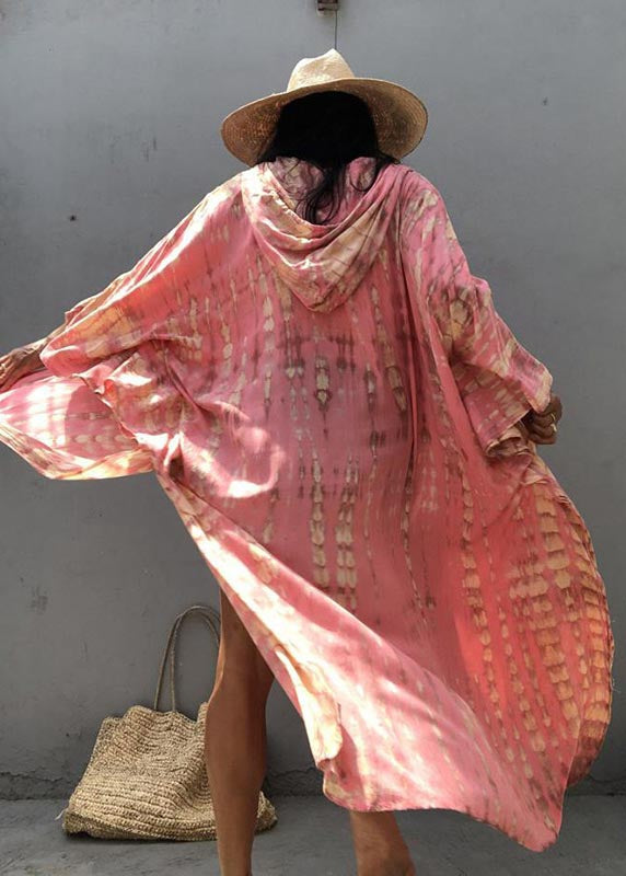 Pink Hooded Beautiful Cardigan Loose Print Cotton Summer