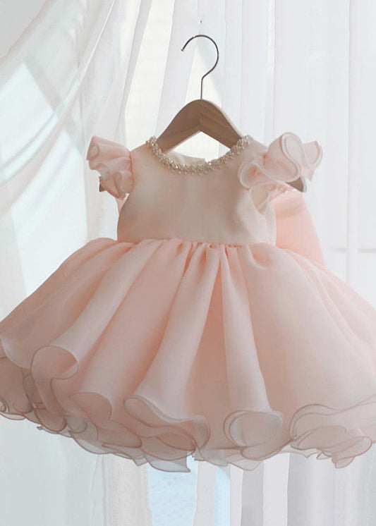 Beautiful Pink Nail Bead Patchwork Tulle Kids Long Dresses Short Sleeve YS039