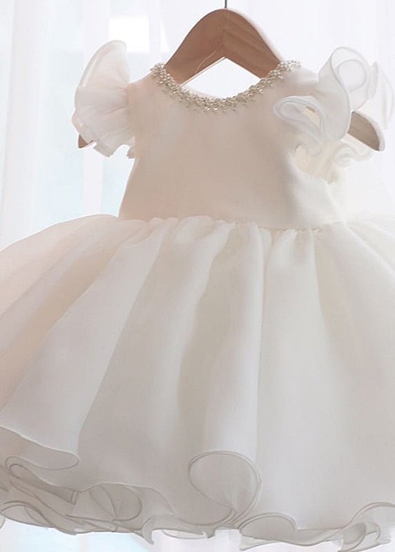 Beautiful Pink Nail Bead Patchwork Tulle Kids Long Dresses Short Sleeve YS039