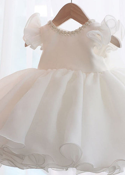 Beautiful Pink Nail Bead Patchwork Tulle Kids Long Dresses Short Sleeve YS039