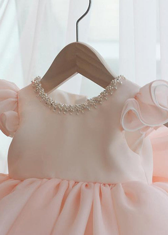 Beautiful Pink Nail Bead Patchwork Tulle Kids Long Dresses Short Sleeve YS039