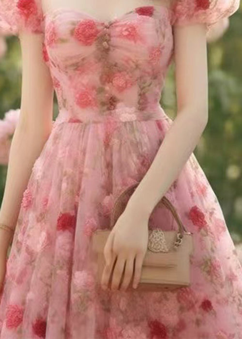 High Long Summer Pink Chiffon Dress Print Waist Beautiful