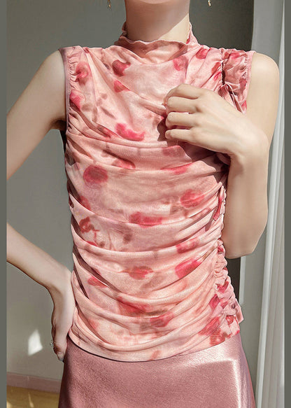 Lace Print Tulle Up Sleeveless Pink Wrinkled Beautiful Tops