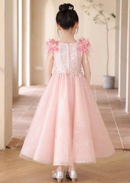 Beautiful Pink Sequins Patchwork Tulle Girls Maxi Dresses Summer YE001