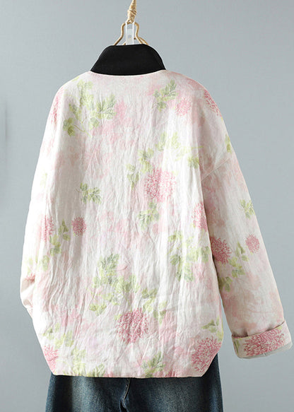 Beautiful Pink Stand Collar Patchwork Print Fine Cotton Filled Oriental Coats In Winter TM039