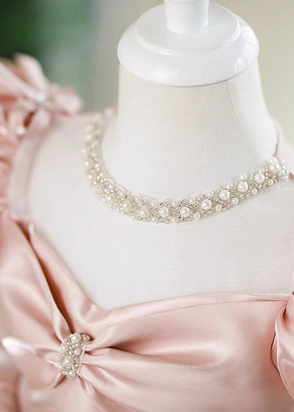 Beautiful Pink V Neck Bow Silk Kids Maxi Dress Summer YS023