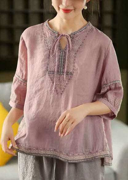 Purple Summer Linen Top Beautiful Embroidered Shirt