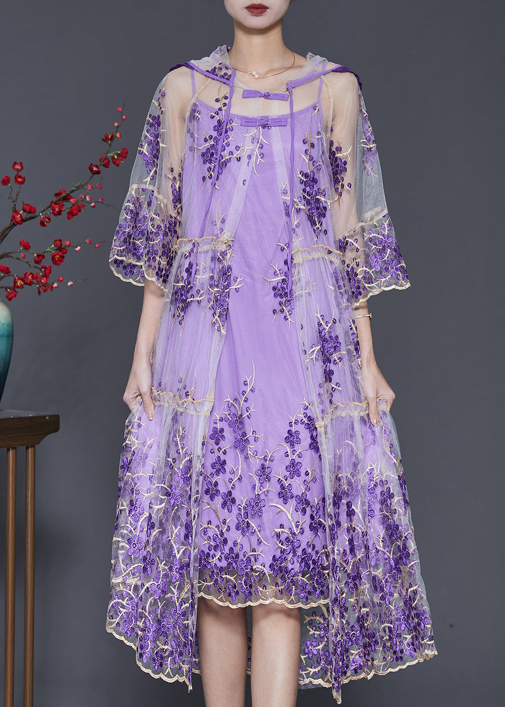 Beautiful Purple Embroidered Tulle Dress Two Pieces Set Summer SD1070