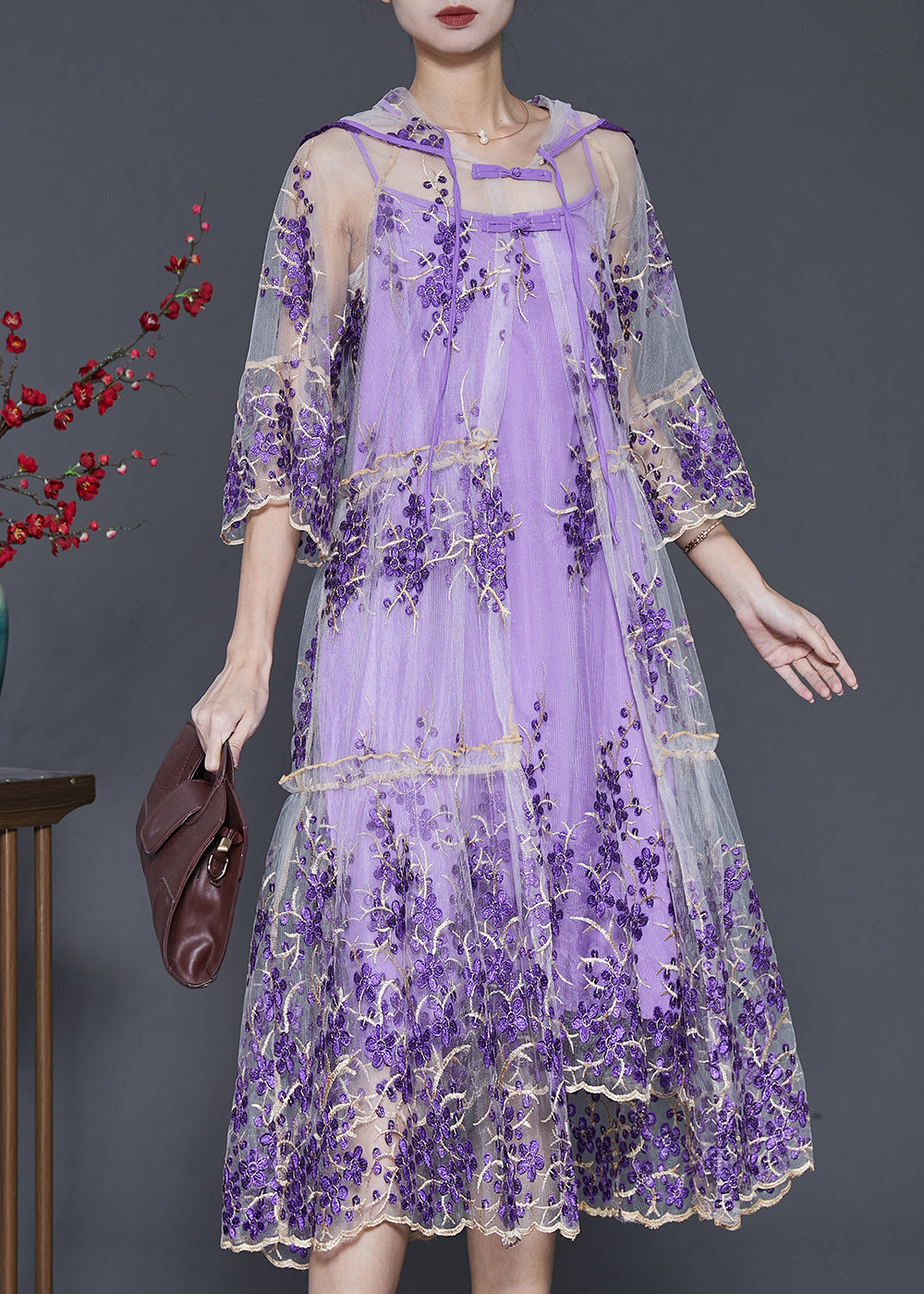 Beautiful Purple Embroidered Tulle Dress Two Pieces Set Summer SD1070