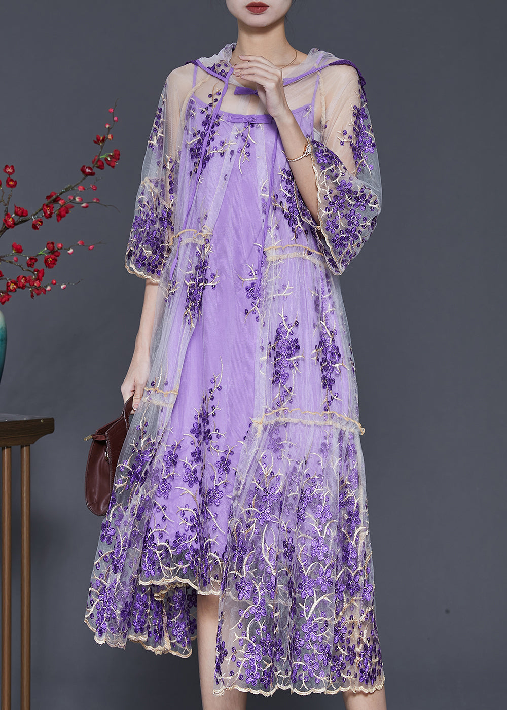 Beautiful Purple Embroidered Tulle Dress Two Pieces Set Summer SD1070