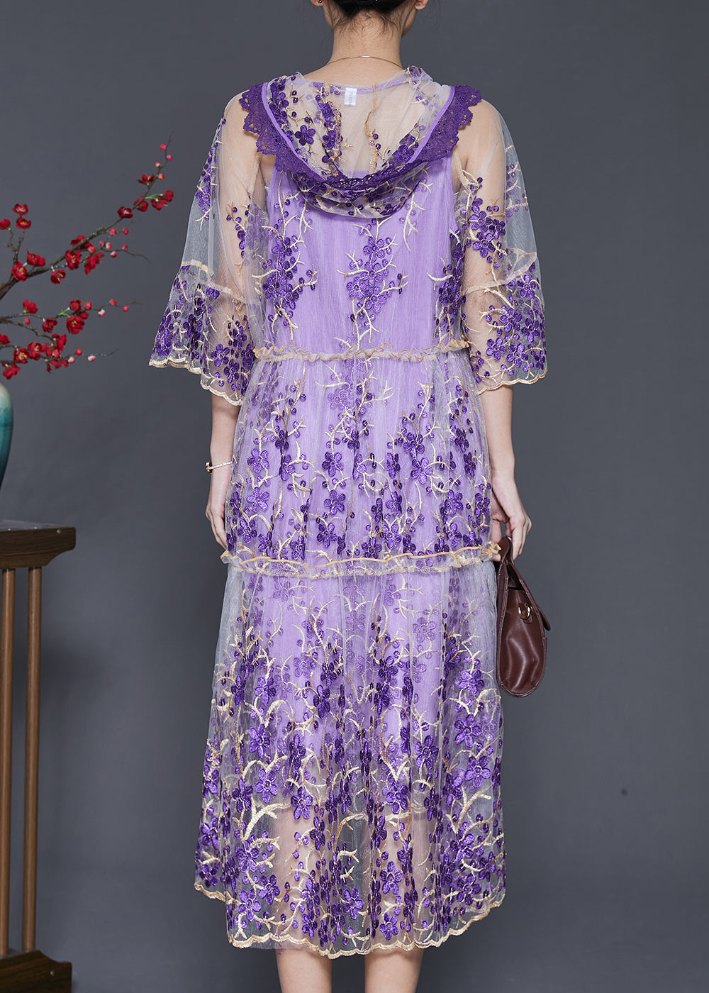Beautiful Purple Embroidered Tulle Dress Two Pieces Set Summer SD1070