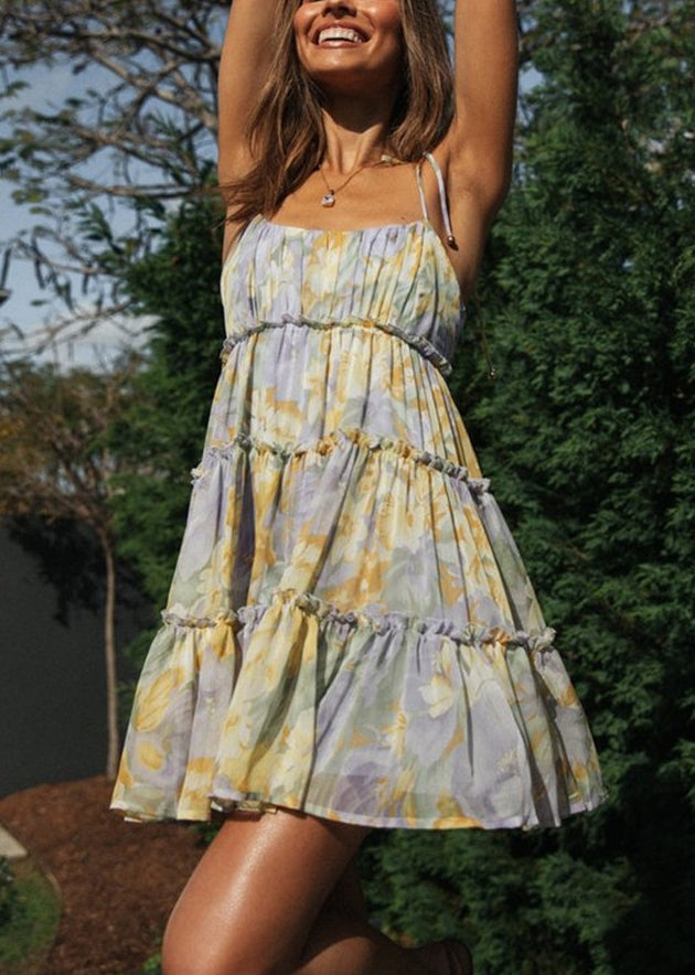 Dress Purple Tea Summer Chiffon Print Beautiful