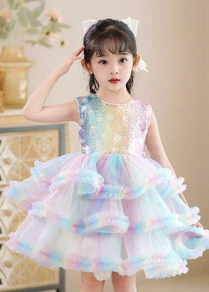 Beautiful Rainbow O-Neck Tulle Kids Maxi Dress Sleeveless YE016