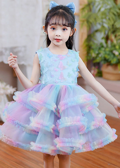 Beautiful Rainbow O-Neck Tulle Kids Maxi Dress Sleeveless YE016