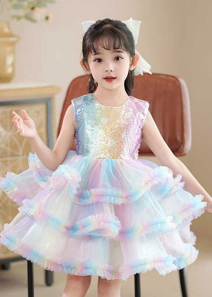 Beautiful Rainbow O-Neck Tulle Kids Maxi Dress Sleeveless YE016