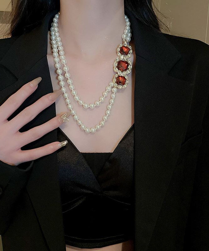 Beautiful Red Alloy Zircon Bilayer Pearl Gratuated Bead Necklace GH1022