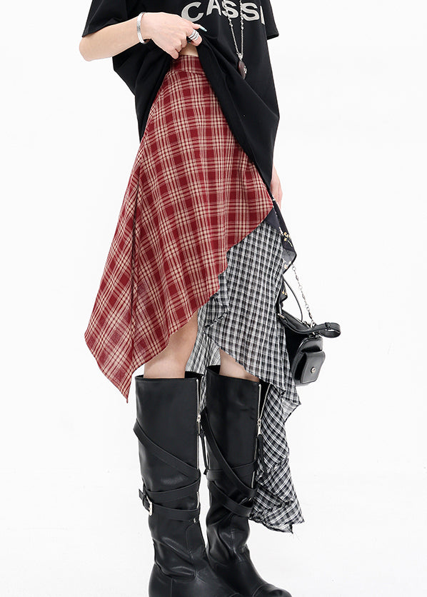 Red Beautiful Plaid Skirts Summer Asymmetrical Cotton