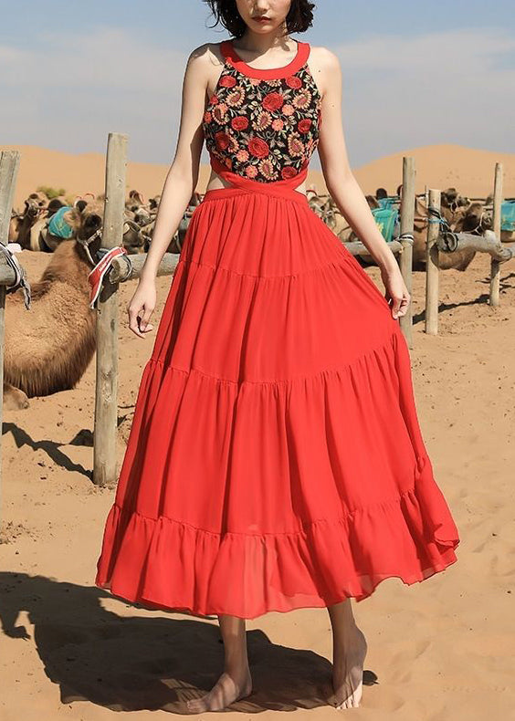 Beautiful Chiffon Red Long Sleeveless Up Lace Embroidered Dress
