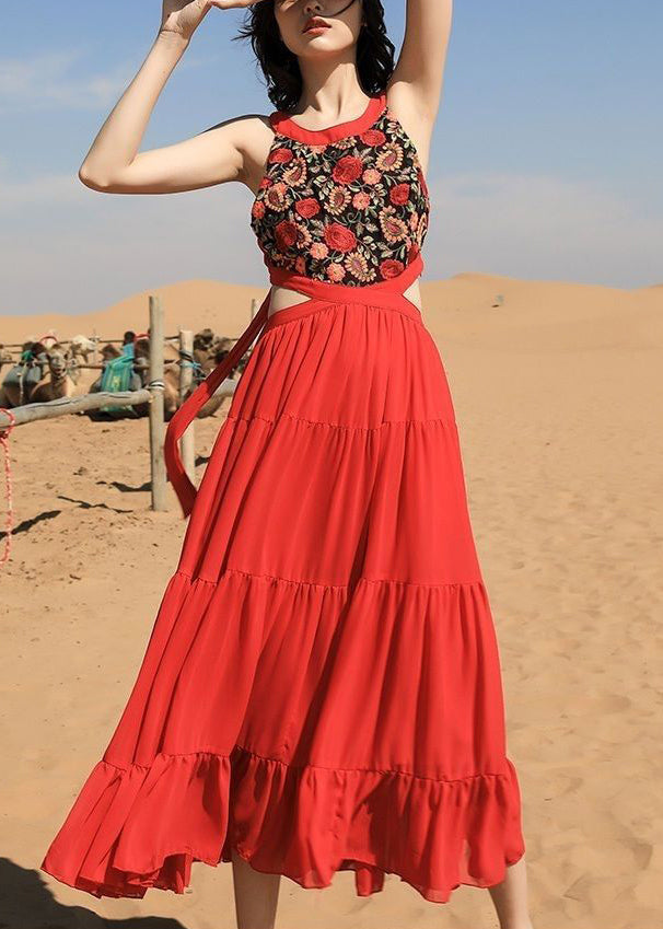 Beautiful Chiffon Red Long Sleeveless Up Lace Embroidered Dress