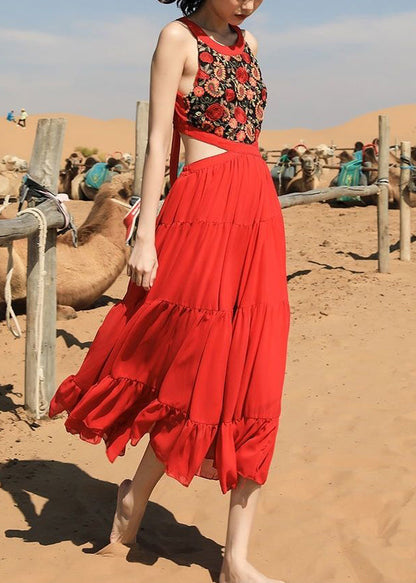 Beautiful Chiffon Red Long Sleeveless Up Lace Embroidered Dress