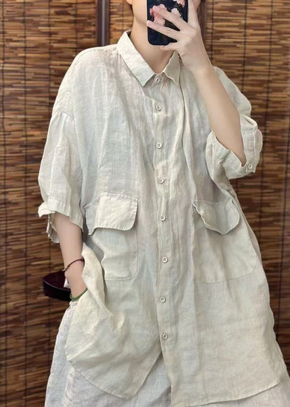 Summer Red Beautiful Linen Blouses Oversized Pockets