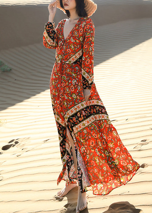 Lace Print Fall Red Pockets Long Beautiful Dress Up