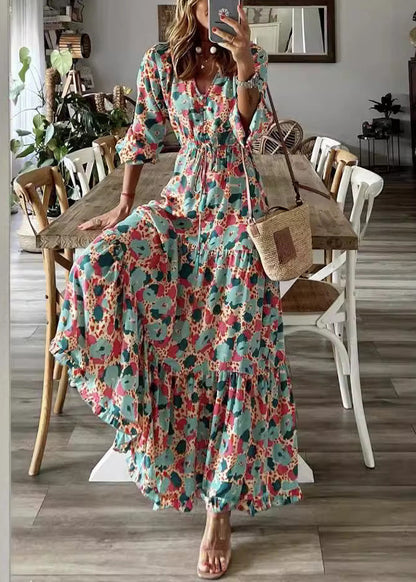 Beautiful Red V Neck Print Lace Up Ankle Dress Fall QA025