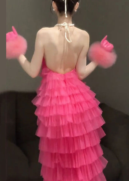 Backless Pleated Dresses Solid Sleeveless Beautiful Rose