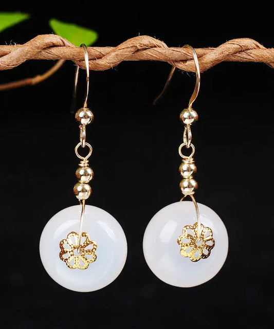 Beautiful White 14K Gold Chalcedony Floral Drop Earrings Ada Fashion