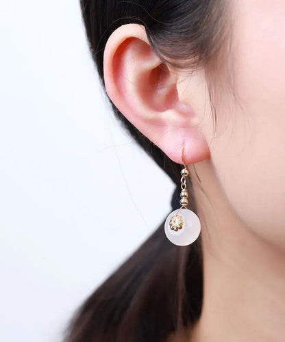 Beautiful White 14K Gold Chalcedony Floral Drop Earrings Ada Fashion