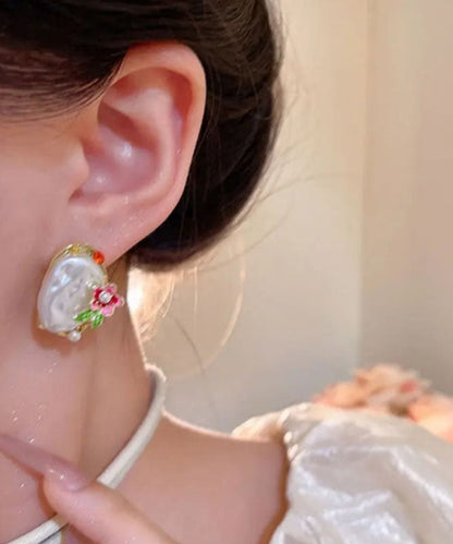 Stud Beautiful Earrings White Pearl Alloy Copper Asymmetrical