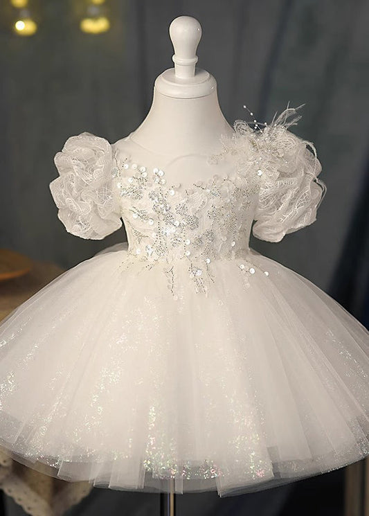 Beautiful White O-Neck Sequins Tunic Tulle Kids Maxi Dresses Summer YG009