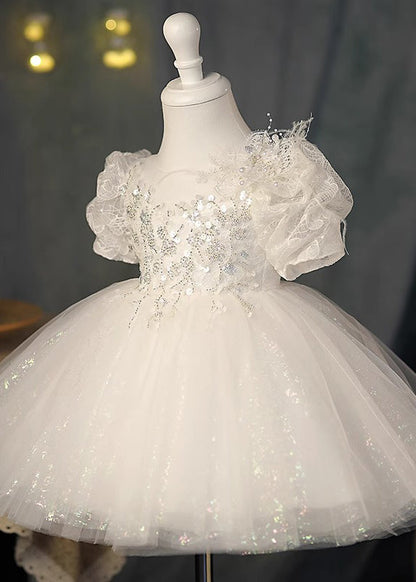 Beautiful White O-Neck Sequins Tunic Tulle Kids Maxi Dresses Summer YG009