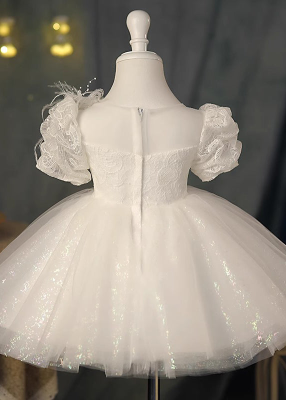 Beautiful White O-Neck Sequins Tunic Tulle Kids Maxi Dresses Summer YG009