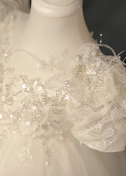 Beautiful White O-Neck Sequins Tunic Tulle Kids Maxi Dresses Summer YG009